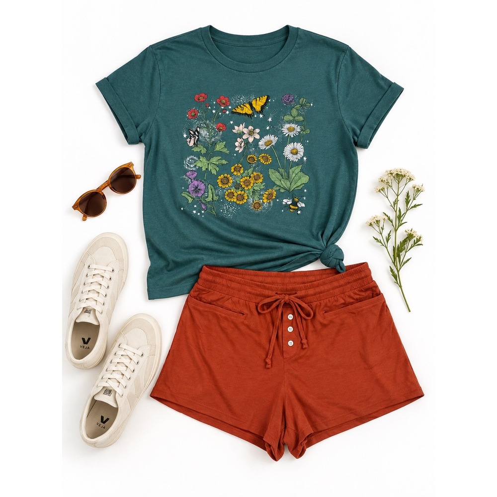 Doe Floral Graphic Tee and Aerie Henley Lounge Shorts Set Teal Rust Size S M